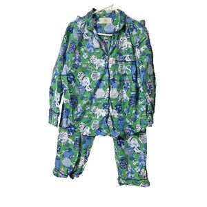Print Fresh Blue Green Long Sleeve Pants Pajama Set Fancy Cats Size Small